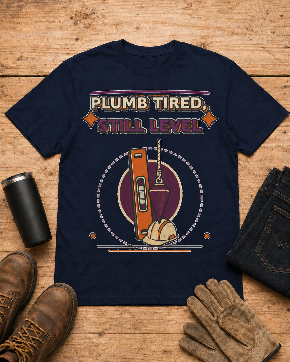 Plumb Tired Still Level Plumber Shirt in Navy workbench flat lay
