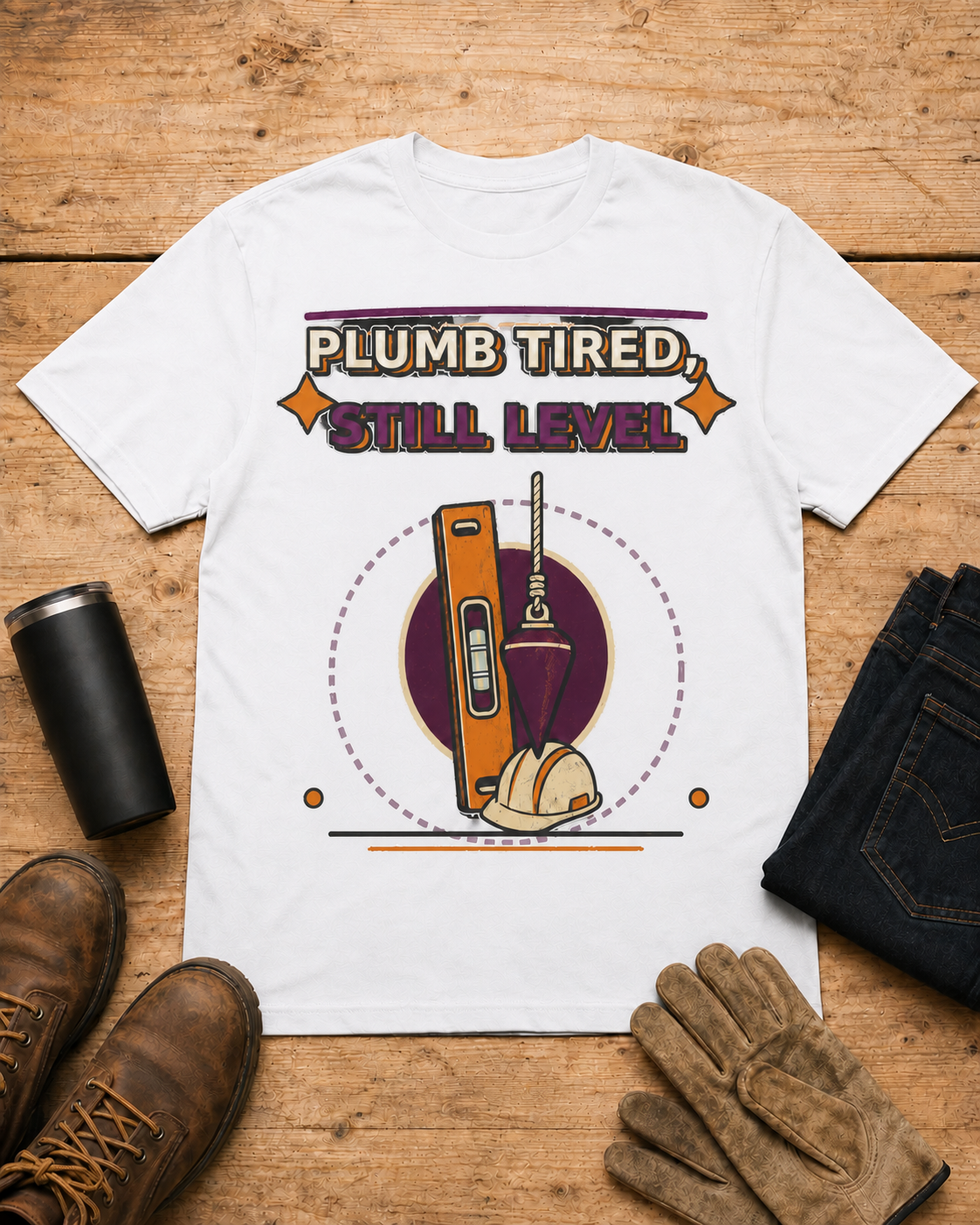 Plumb Tired Still Level Plumber Shirt in White workbench flat lay