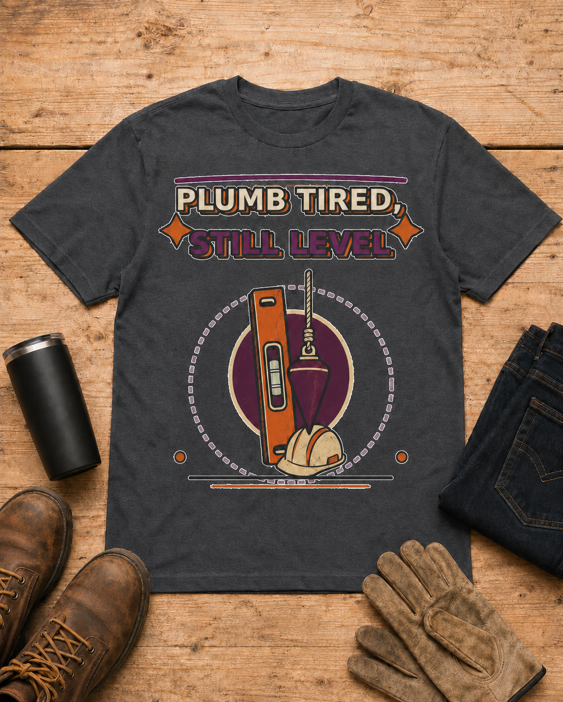 Plumb Tired Still Level Plumber Shirt in Dark Heather workbench flat lay