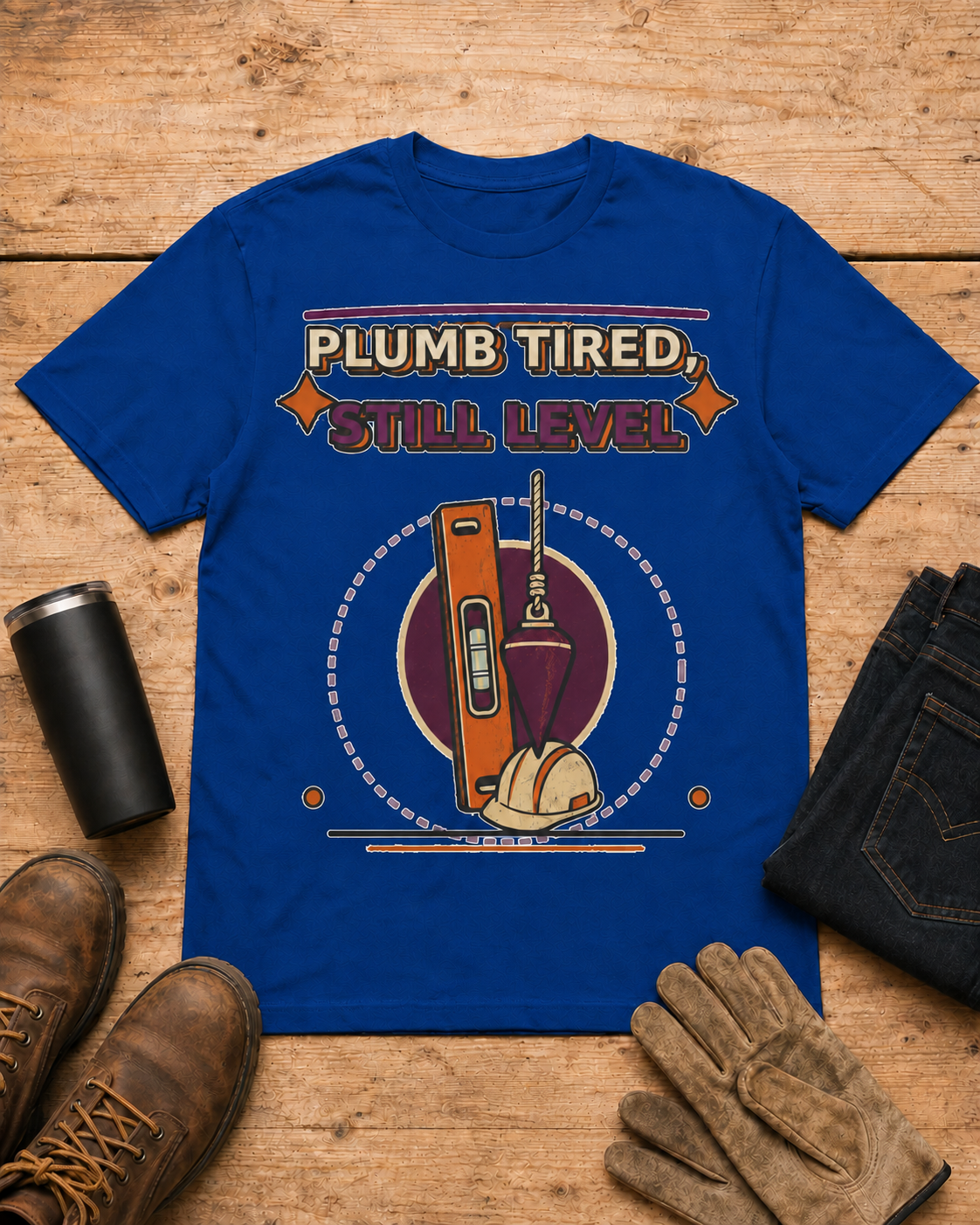Plumb Tired Still Level Plumber Shirt in Royal Blue workbench flat lay