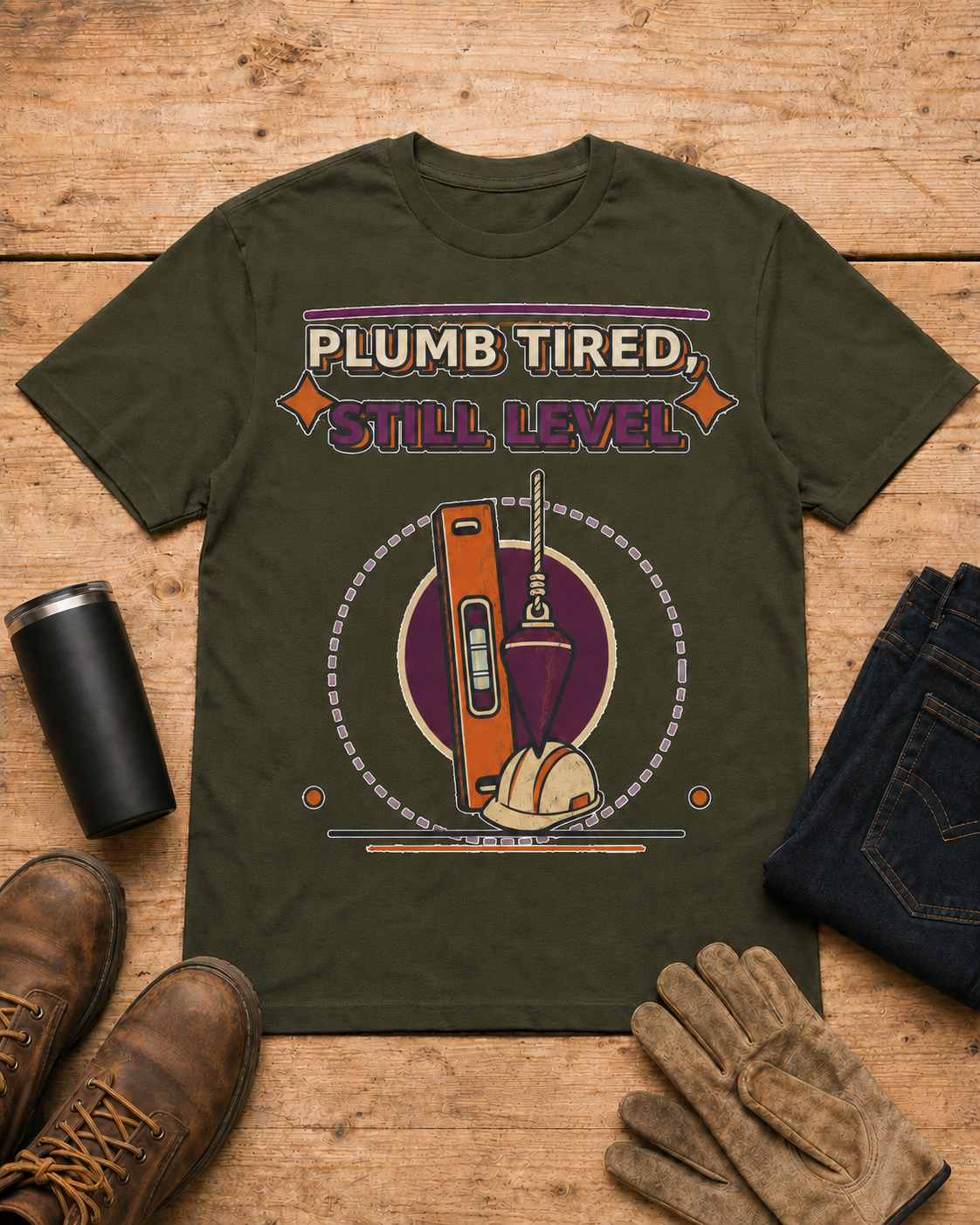 Plumb Tired Still Level Plumber Shirt in Military Green workbench flat lay