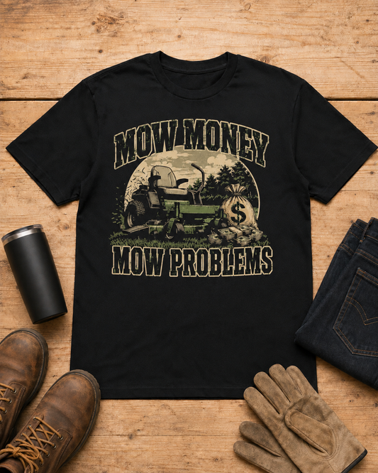 Mow Money Mow Problems Lawn Care Shirt in Black workbench flat lay