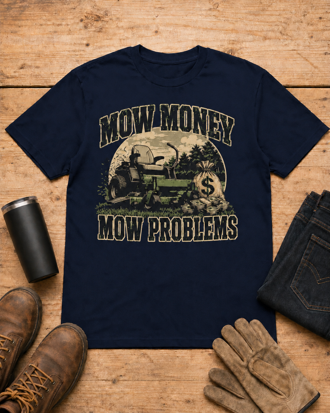 Mow Money Mow Problems Lawn Care Shirt in Navy workbench flat lay