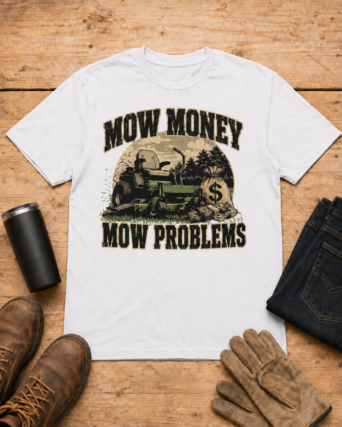 Mow Money Mow Problems Lawn Care Shirt in White workbench flat lay