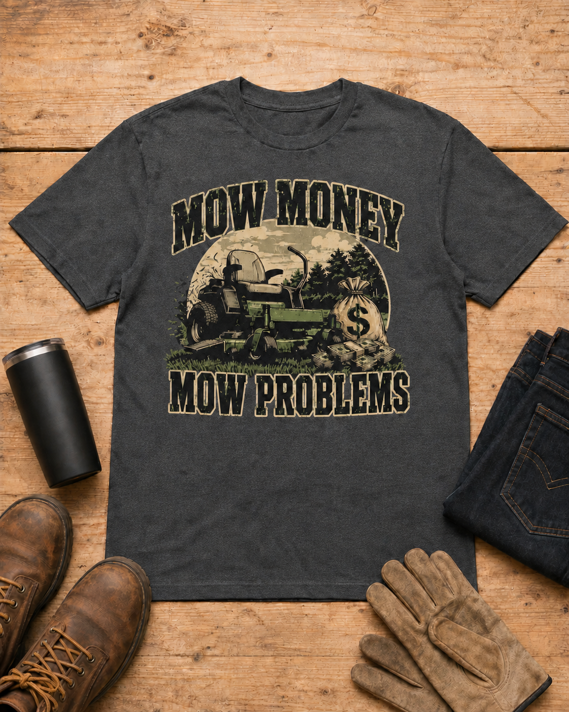 Mow Money Mow Problems Lawn Care Shirt in Dark Heather workbench flat lay