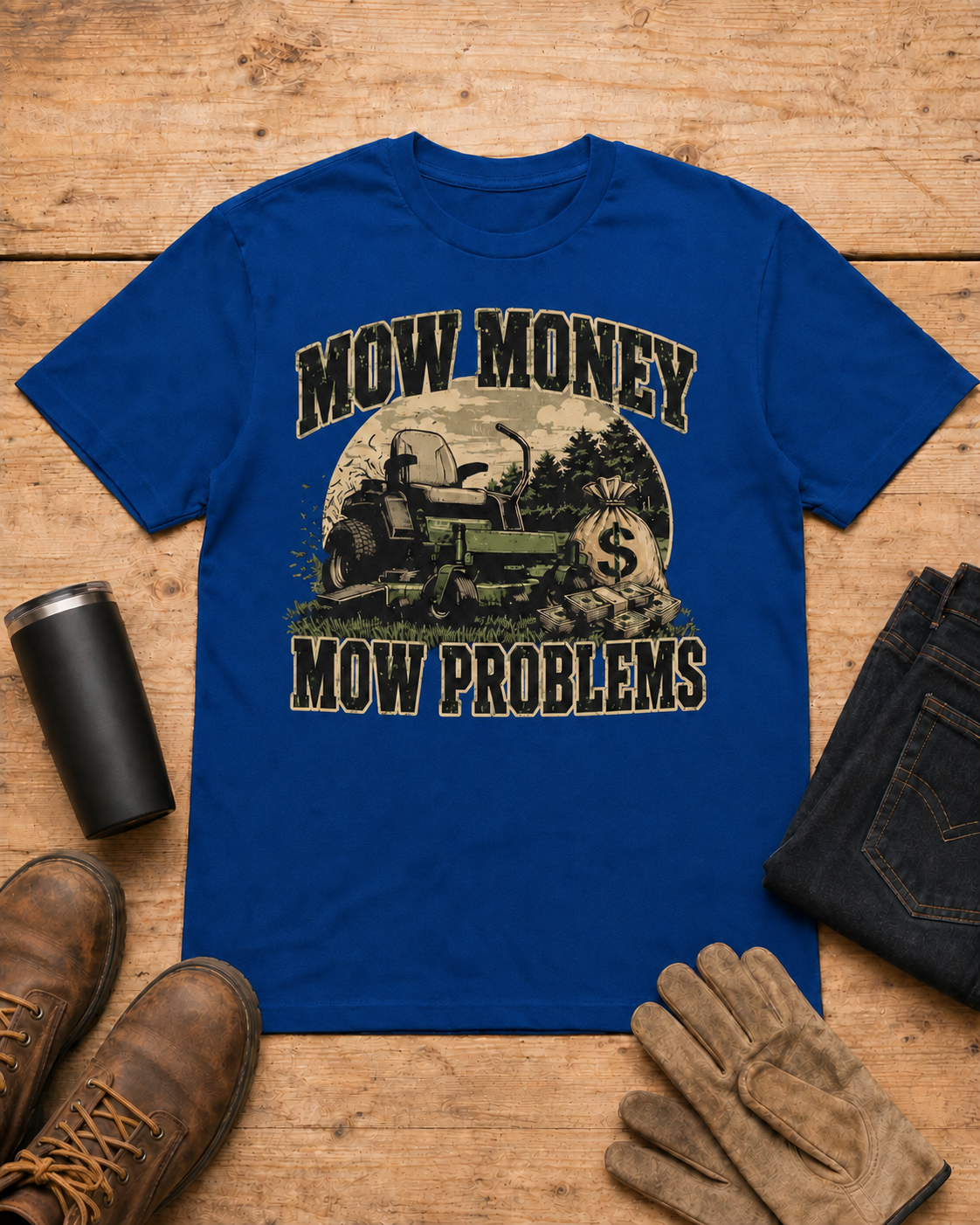 Mow Money Mow Problems Lawn Care Shirt in Royal Blue workbench flat lay