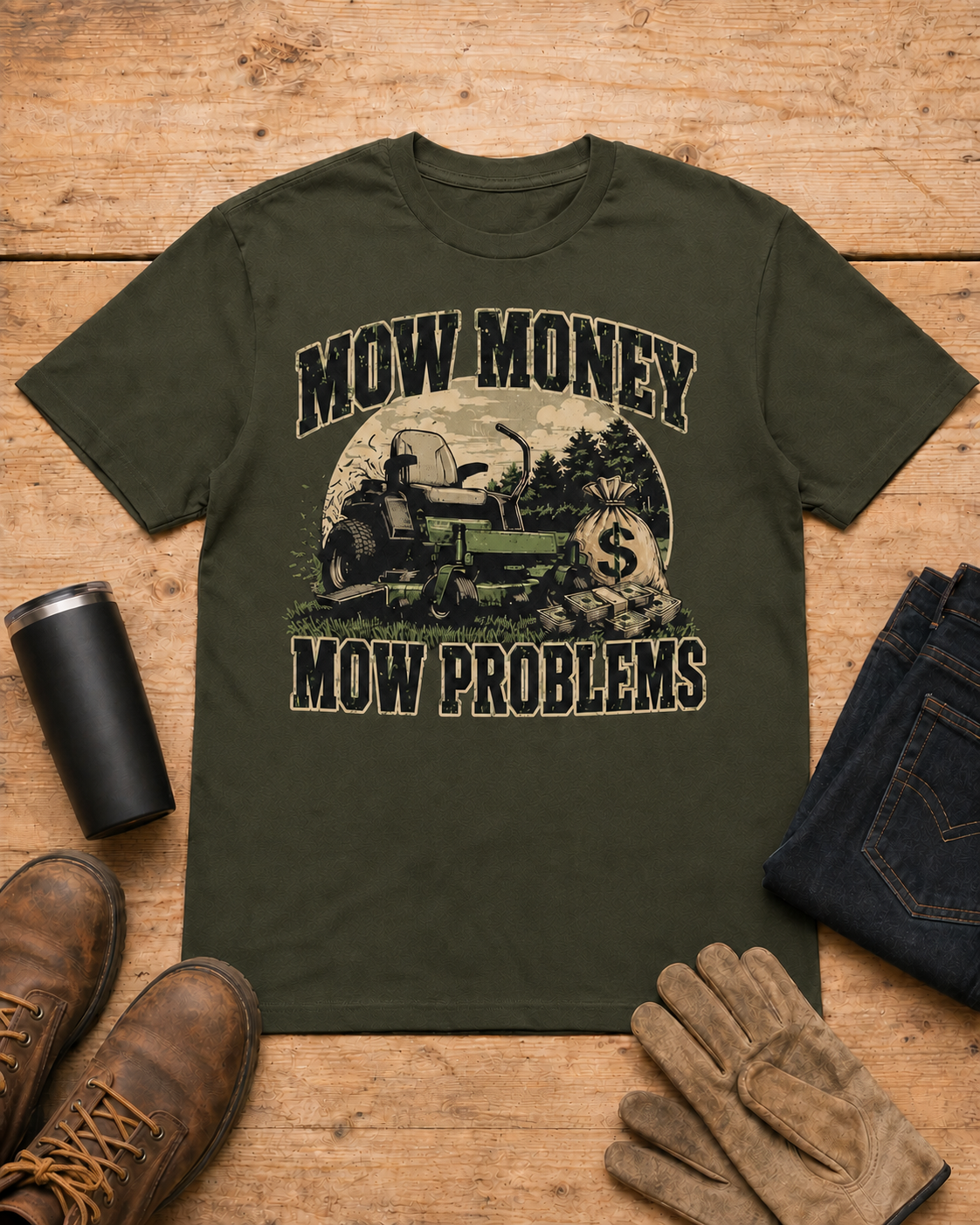 Mow Money Mow Problems Lawn Care Shirt in Military Green workbench flat lay