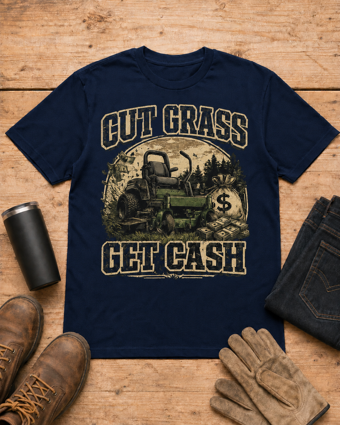 Cut Grass Get Cash Lawn Care Shirt in Navy workbench flat lay
