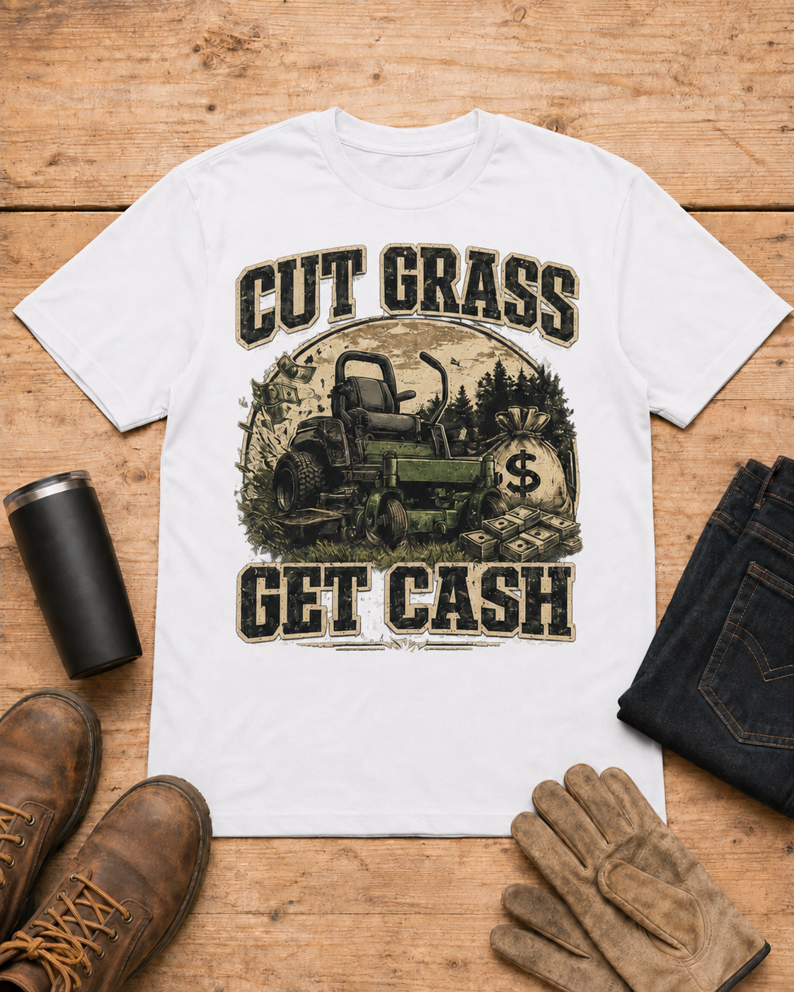 Cut Grass Get Cash Lawn Care Shirt in White workbench flat lay