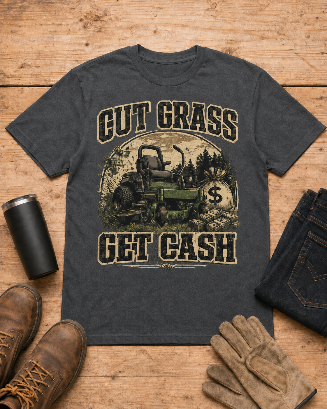 Cut Grass Get Cash Lawn Care Shirt in Dark Heather workbench flat lay