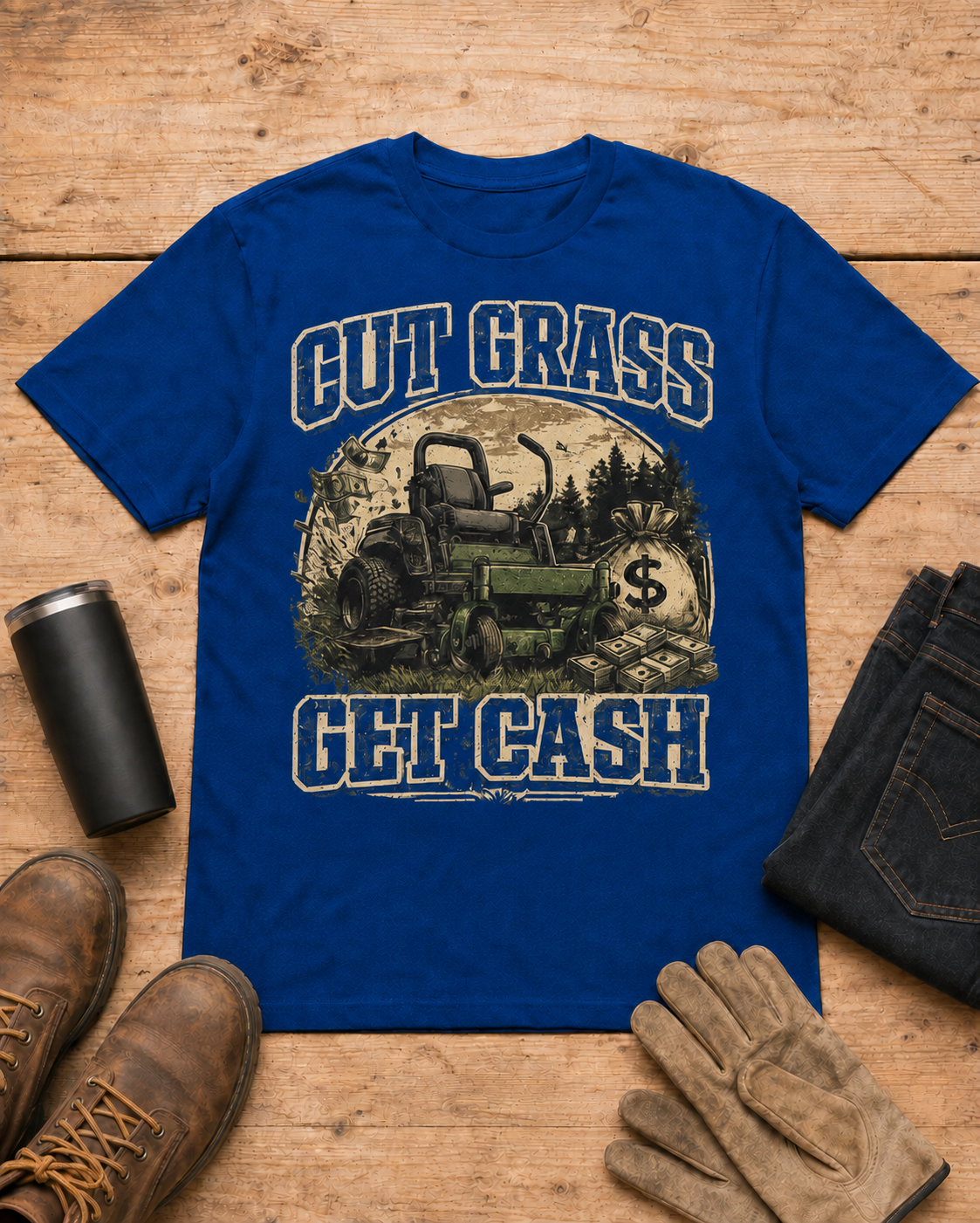 Cut Grass Get Cash Lawn Care Shirt in Royal Blue workbench flat lay