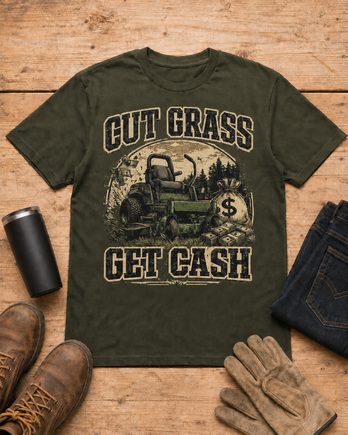 Cut Grass Get Cash Lawn Care Shirt in Military Green workbench flat lay