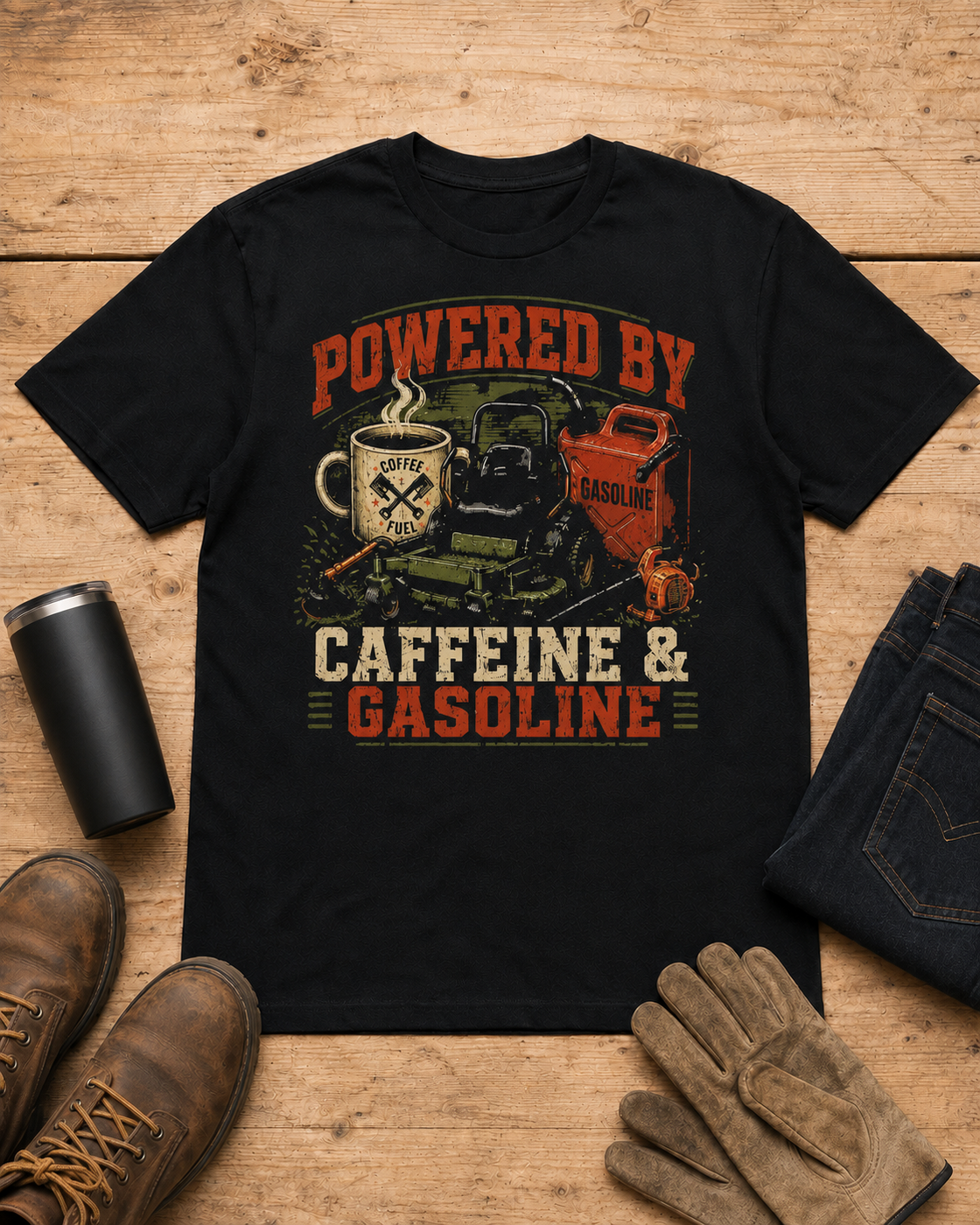 Powered by Caffeine and Gasoline Lawn Care Shirt in Black workbench flat lay