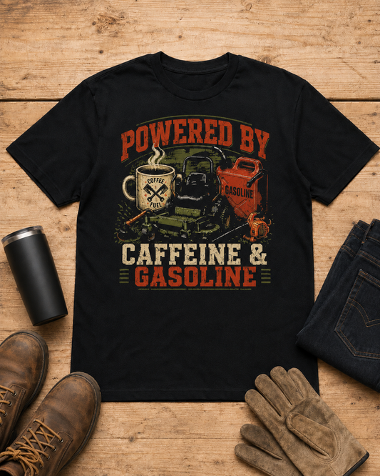 Powered by Caffeine and Gasoline Lawn Care Shirt in Black workbench flat lay