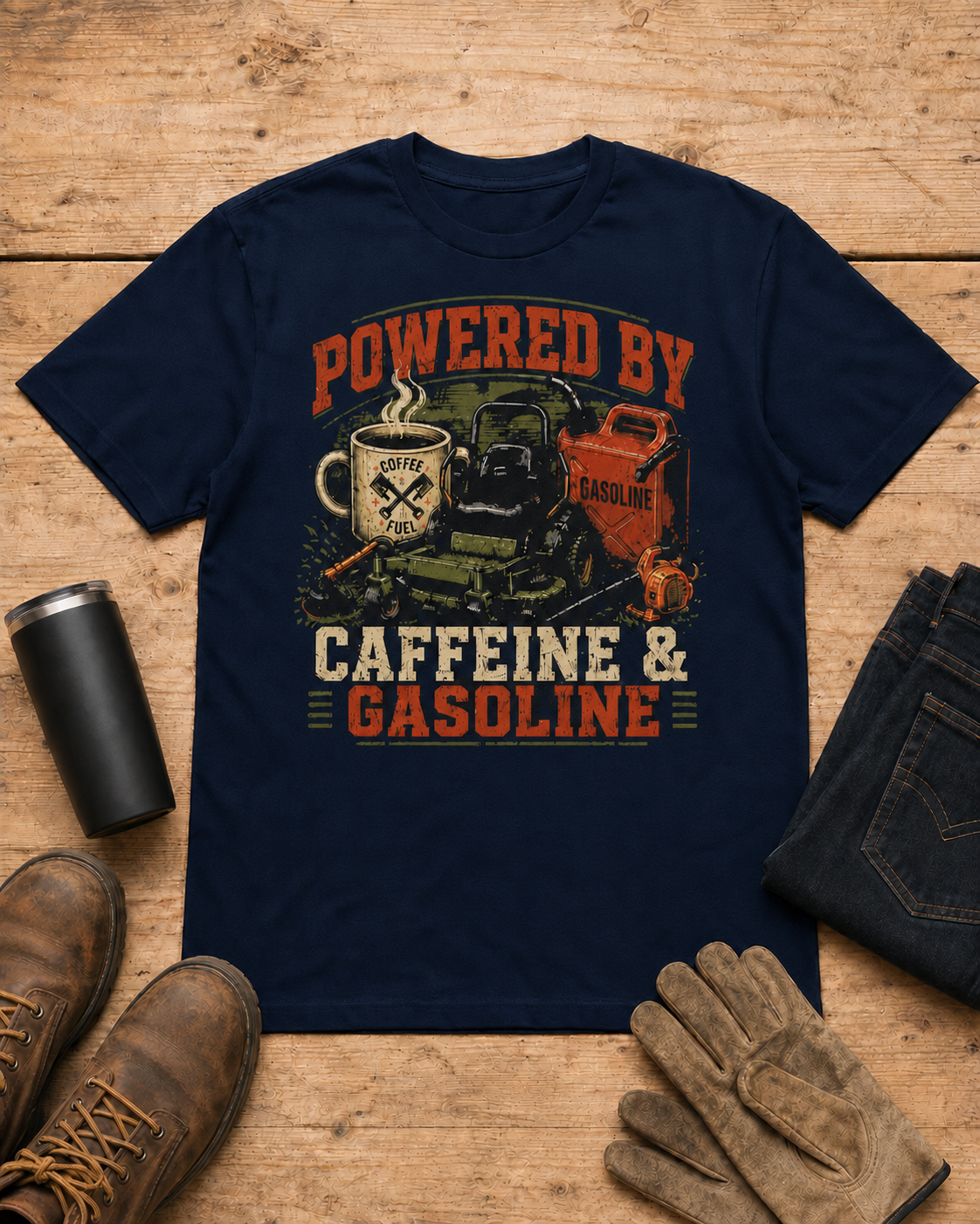 Powered by Caffeine and Gasoline Lawn Care Shirt in Navy workbench flat lay