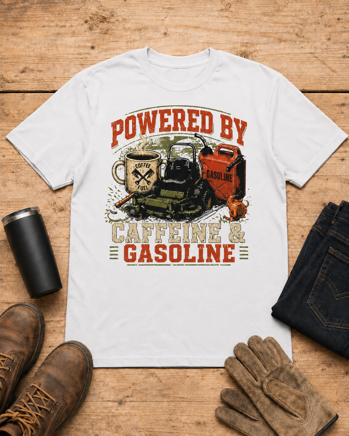 Powered by Caffeine and Gasoline Lawn Care Shirt in White workbench flat lay