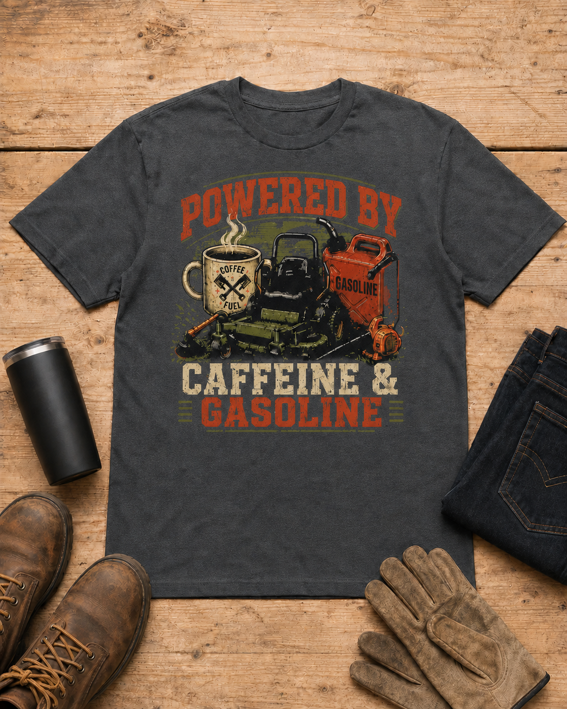 Powered by Caffeine and Gasoline Lawn Care Shirt in Dark Heather workbench flat lay