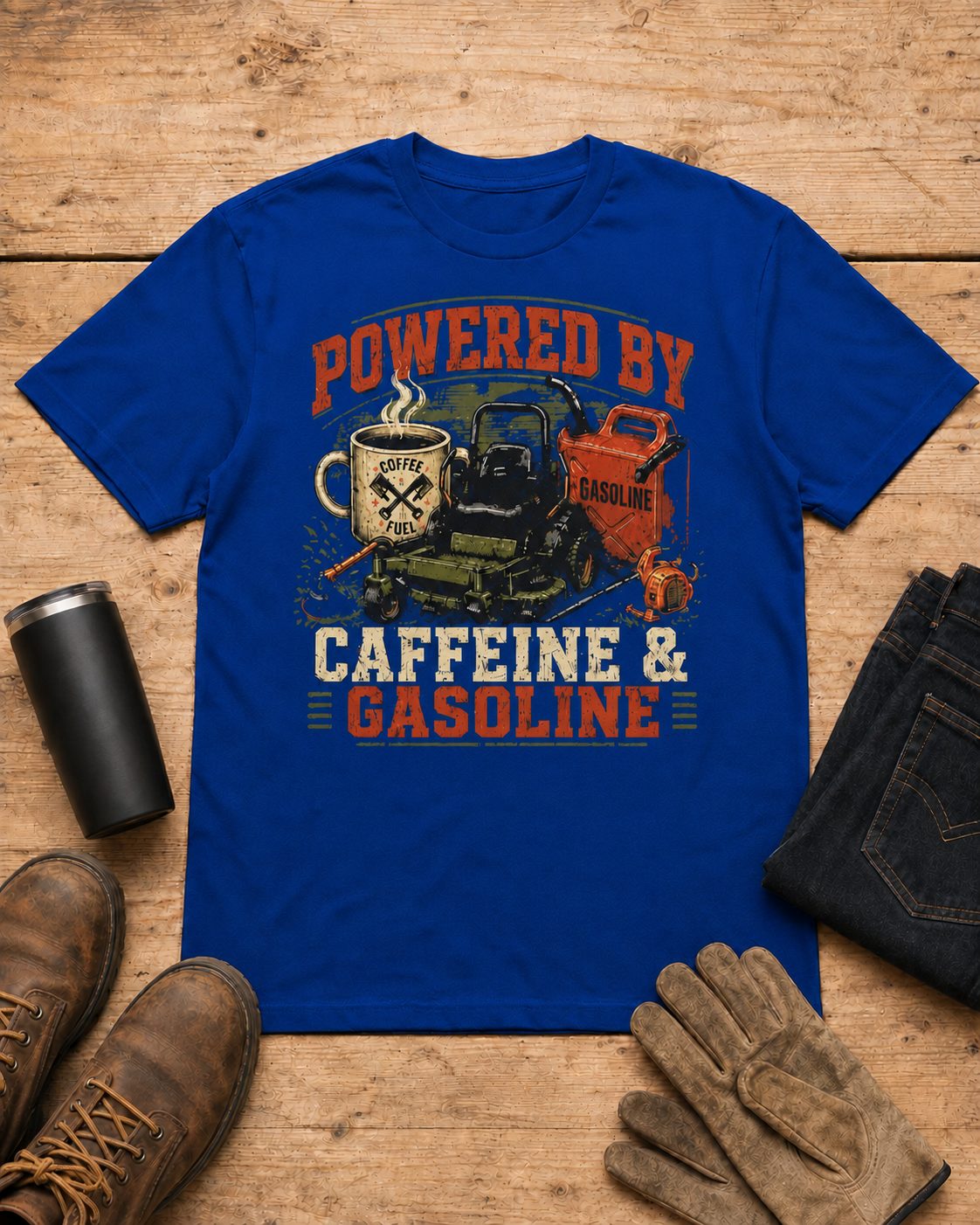 Powered by Caffeine and Gasoline Lawn Care Shirt in Royal Blue workbench flat lay