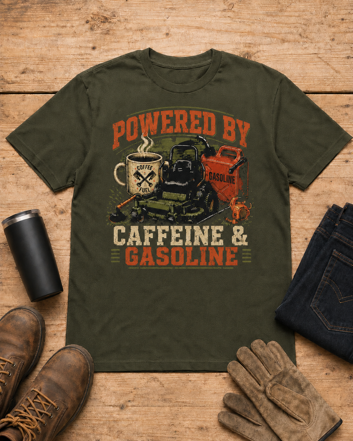 Powered by Caffeine and Gasoline Lawn Care Shirt in Military Green workbench flat lay