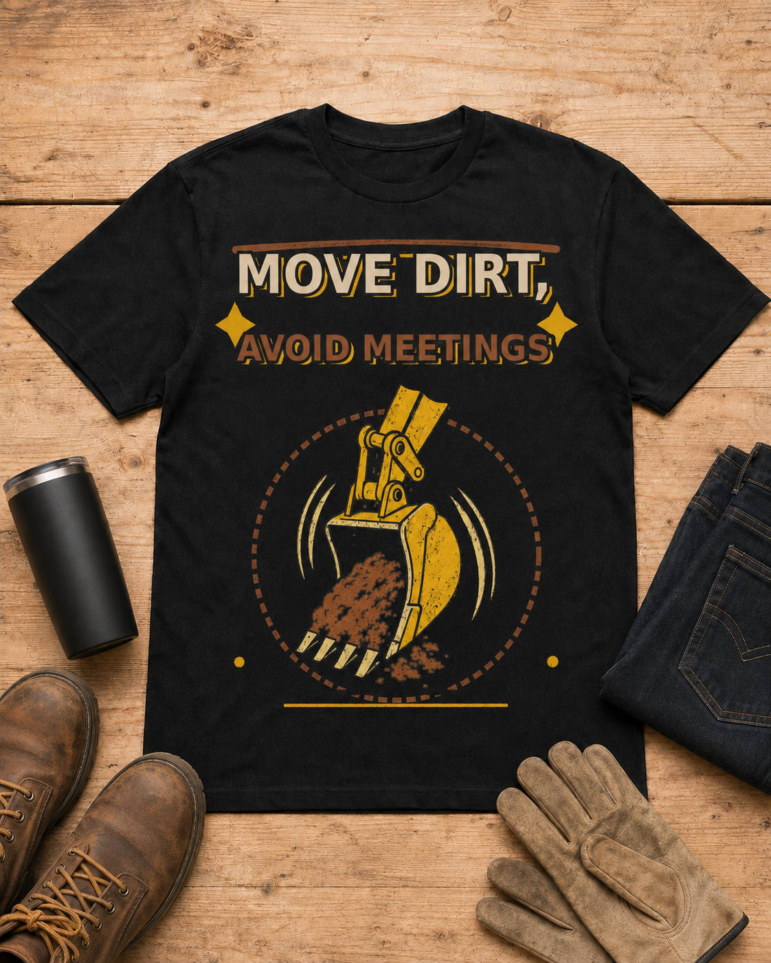 Move Dirt Avoid Meetings Excavator Shirt in Black workbench flat lay