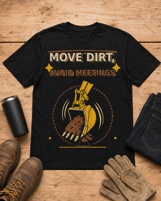 Move Dirt Avoid Meetings Excavator Shirt in Black workbench flat lay