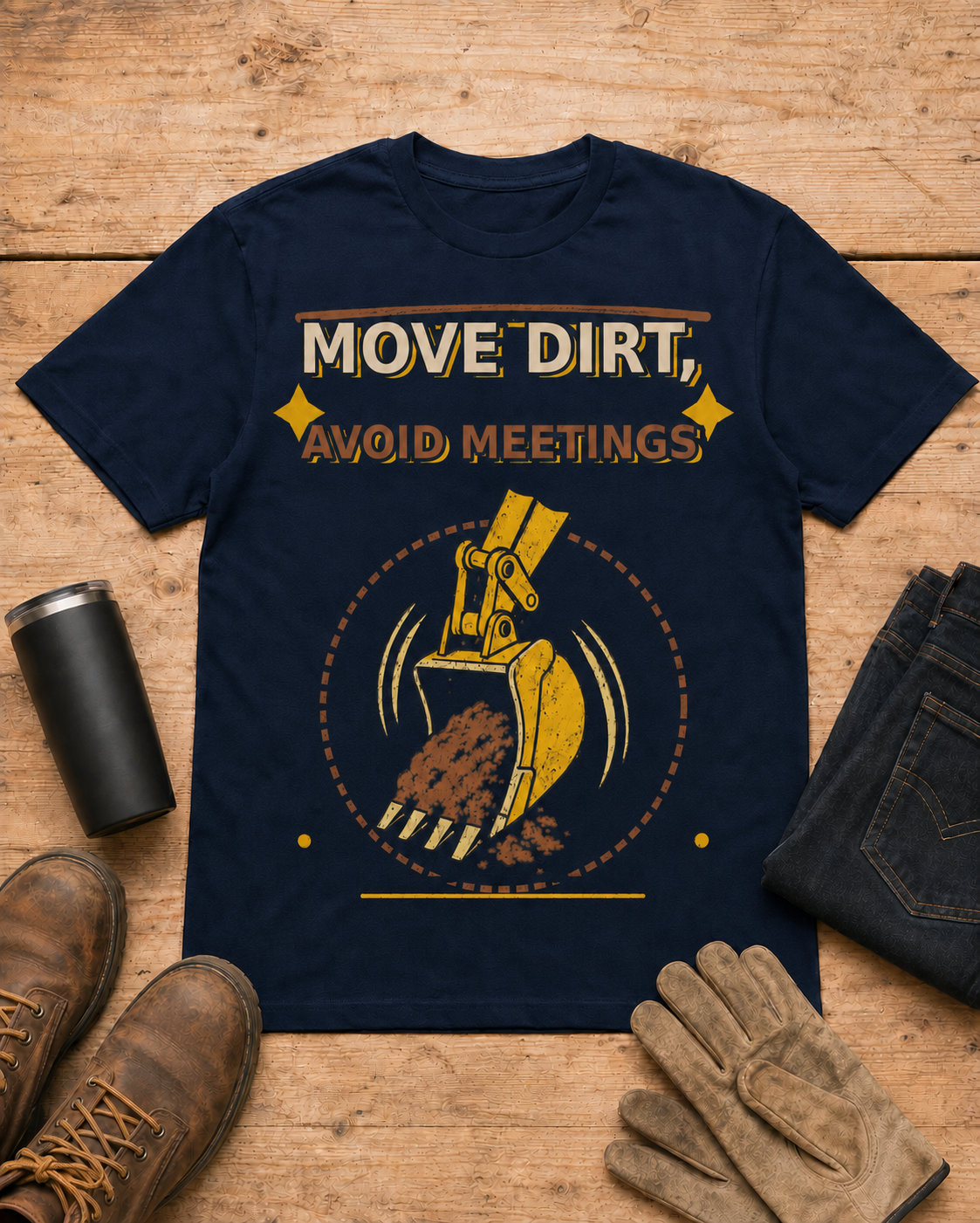 Move Dirt Avoid Meetings Excavator Shirt in Navy workbench flat lay