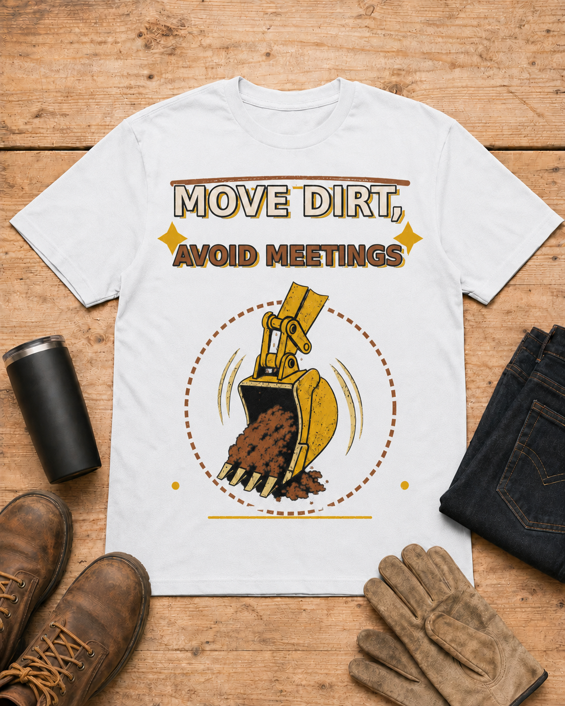 Move Dirt Avoid Meetings Excavator Shirt in White workbench flat lay