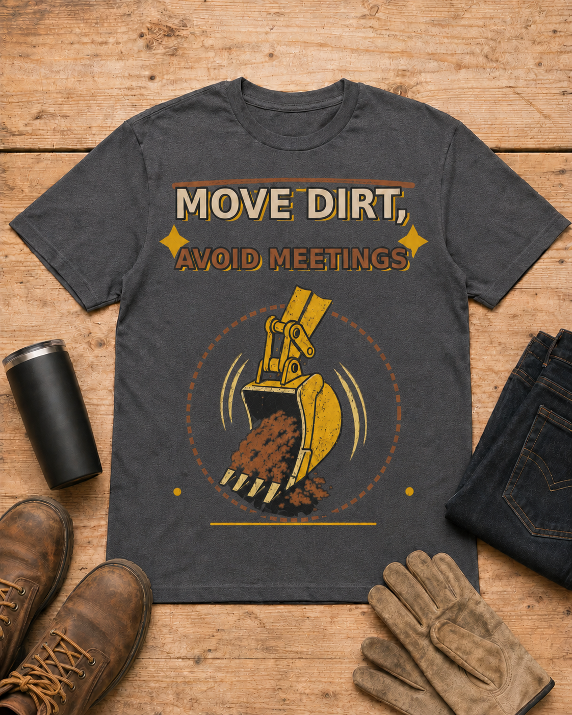 Move Dirt Avoid Meetings Excavator Shirt in Dark Heather workbench flat lay