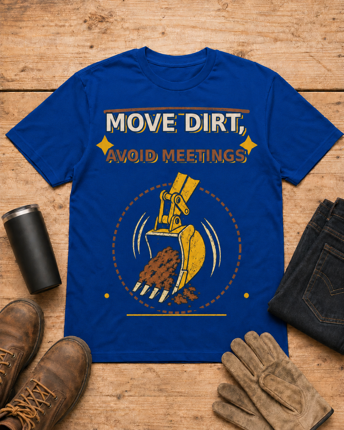 Move Dirt Avoid Meetings Excavator Shirt in Royal Blue workbench flat lay