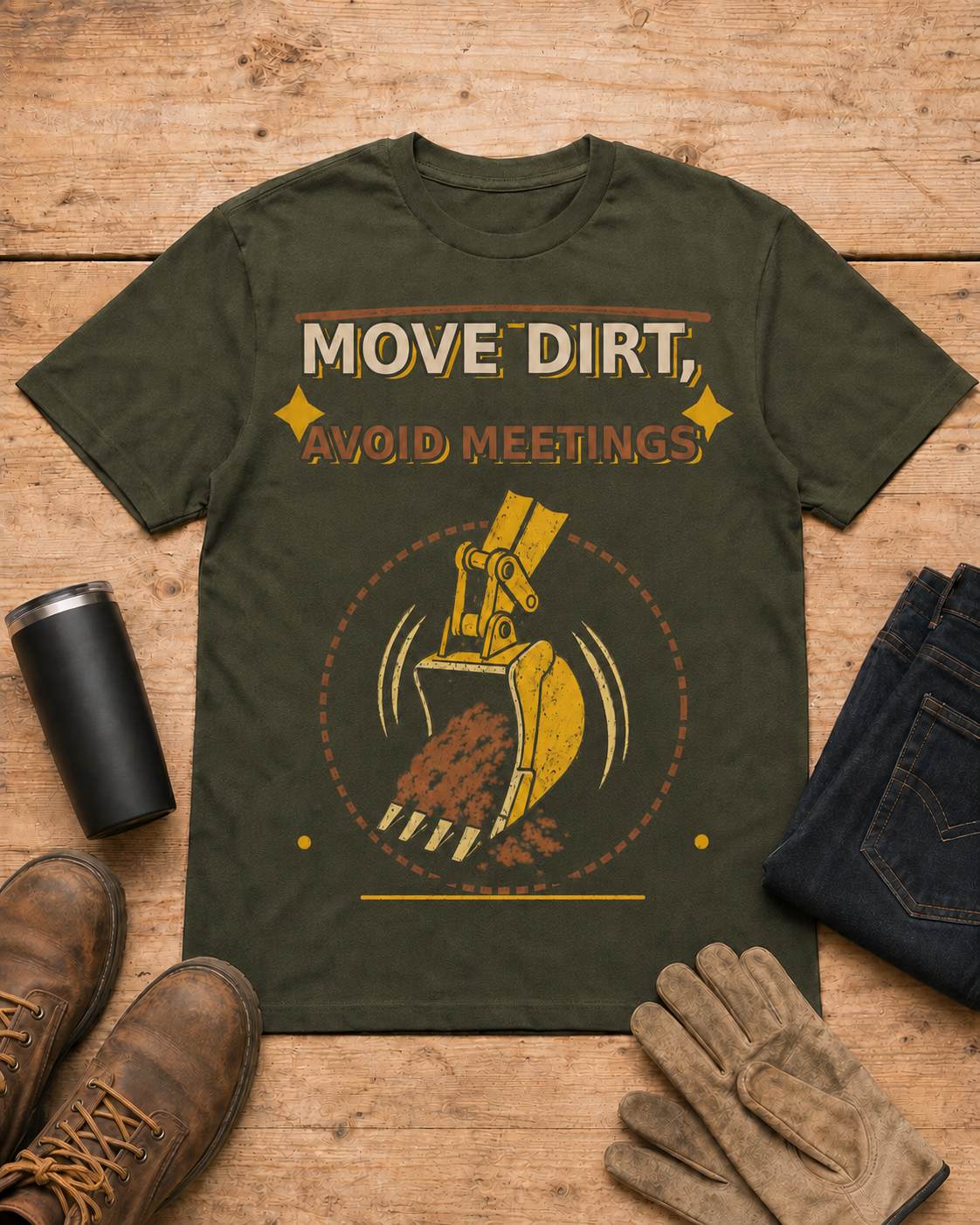 Move Dirt Avoid Meetings Excavator Shirt in Military Green workbench flat lay
