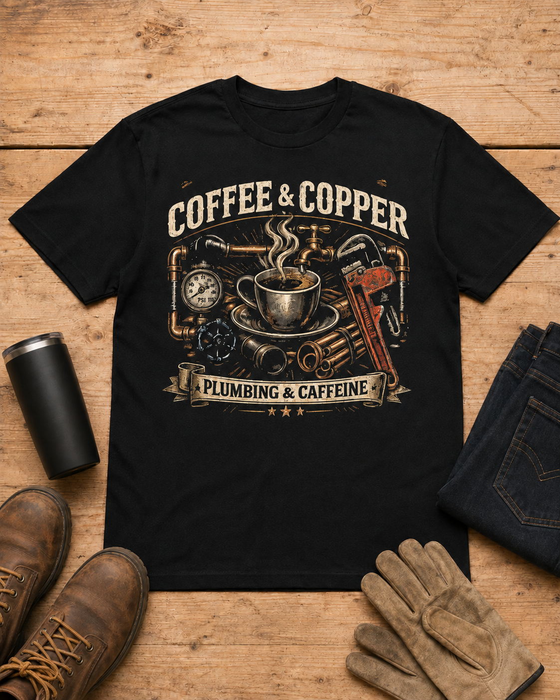 Powered by Coffee and Copper Plumber Shirt in Black workbench flat lay