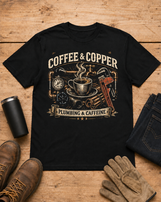 Powered by Coffee and Copper Plumber Shirt in Black workbench flat lay