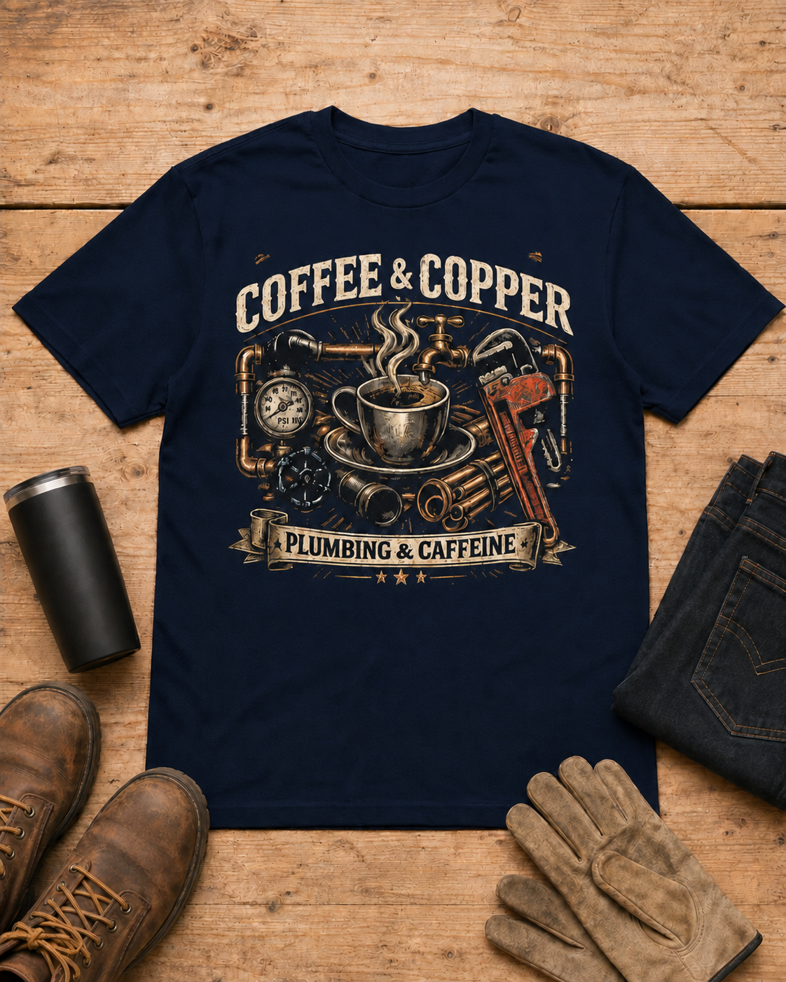 Powered by Coffee and Copper Plumber Shirt in Navy workbench flat lay