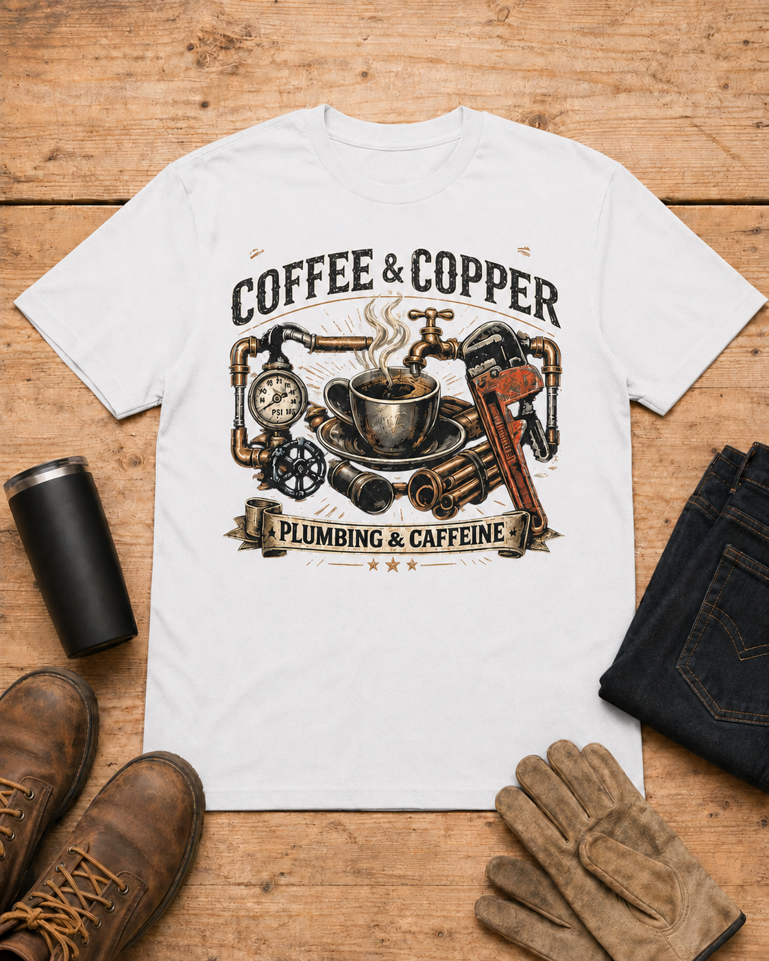 Powered by Coffee and Copper Plumber Shirt in White workbench flat lay