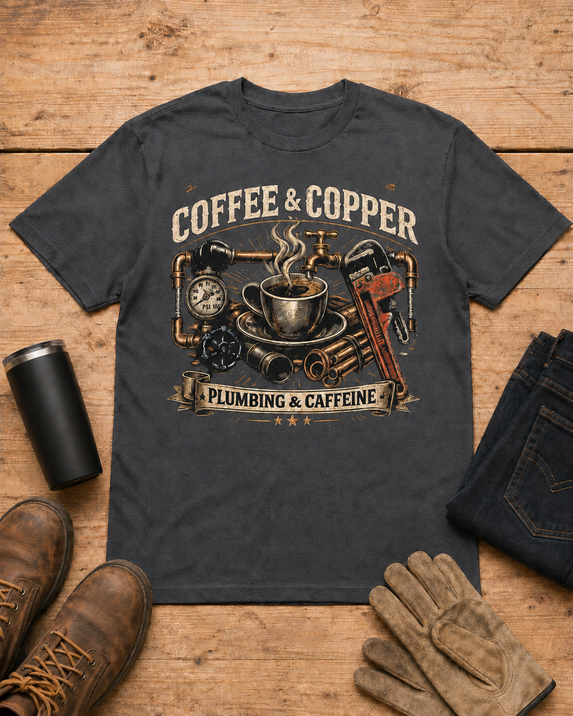 Powered by Coffee and Copper Plumber Shirt in Dark Heather workbench flat lay