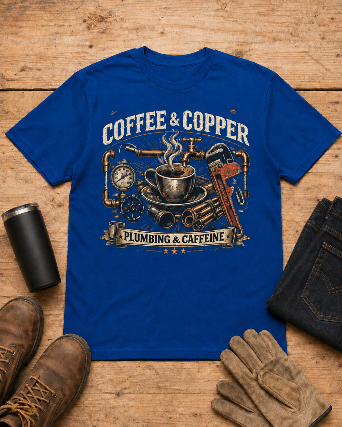 Powered by Coffee and Copper Plumber Shirt in Royal Blue workbench flat lay