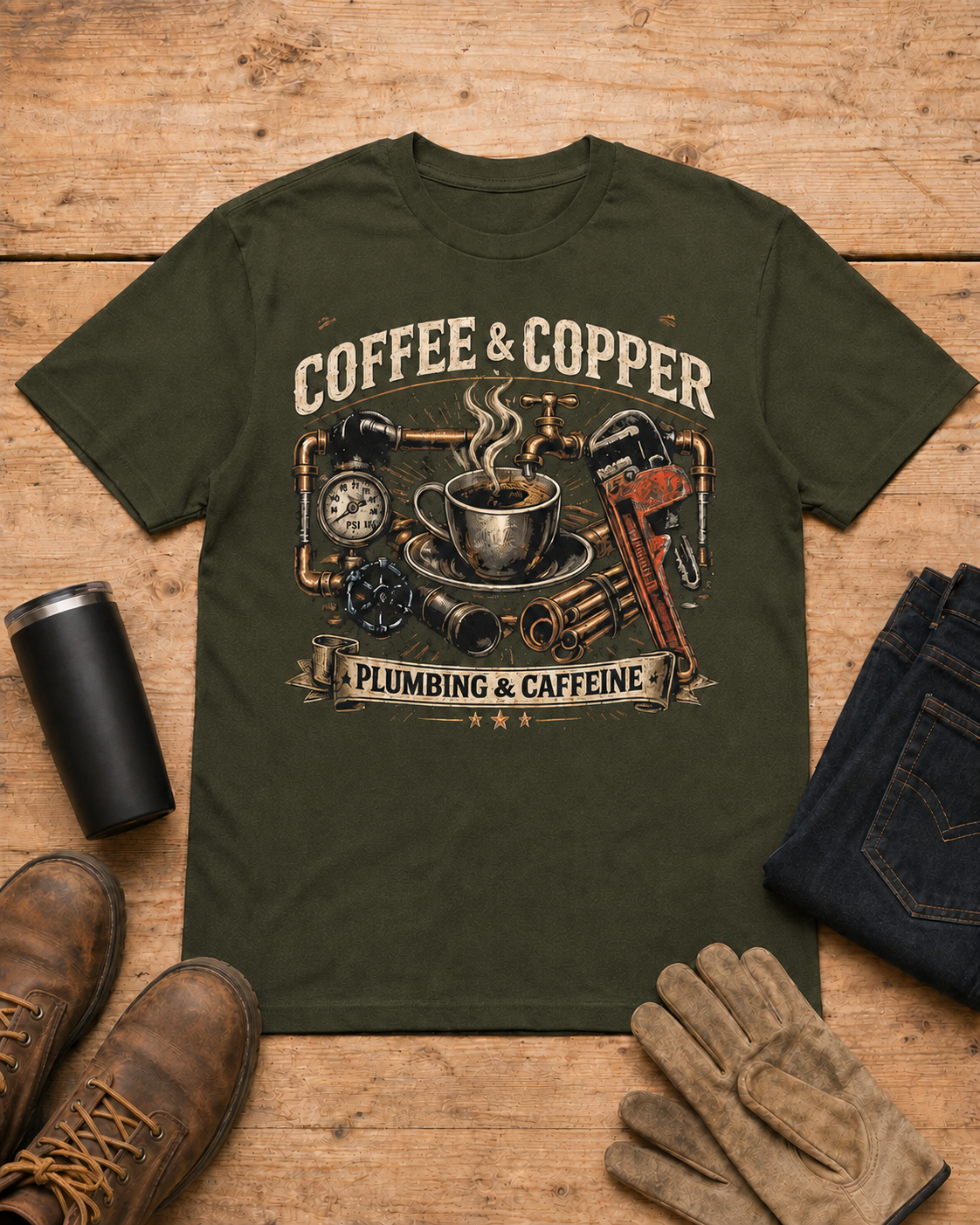 Powered by Coffee and Copper Plumber Shirt in Military Green workbench flat lay