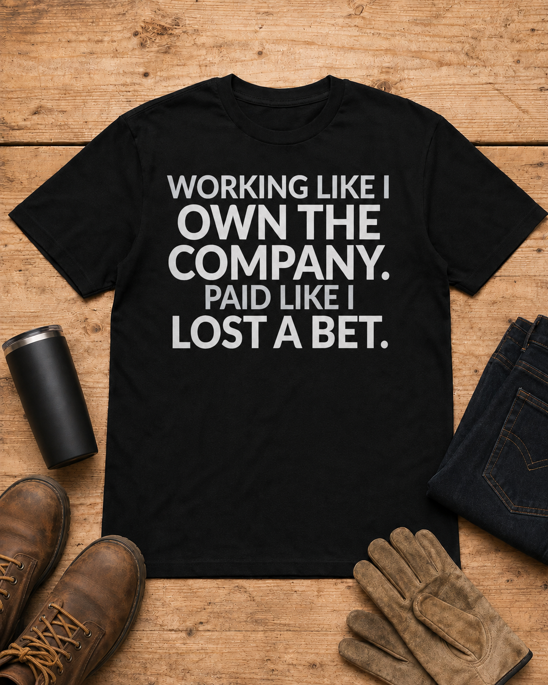 Working Like I Own the Company Work Humor Shirt in Black workbench flat lay