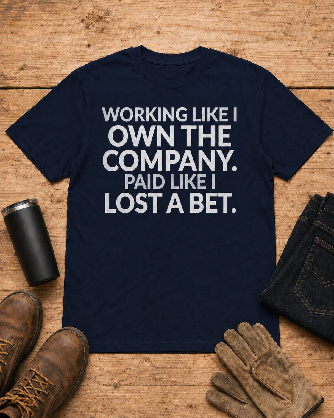 Working Like I Own the Company Work Humor Shirt in Navy workbench flat lay