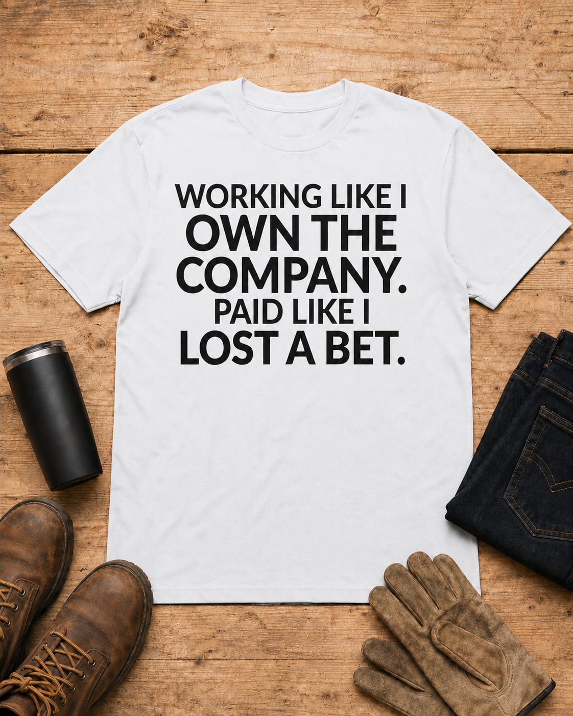 Working Like I Own the Company Work Humor Shirt in White workbench flat lay