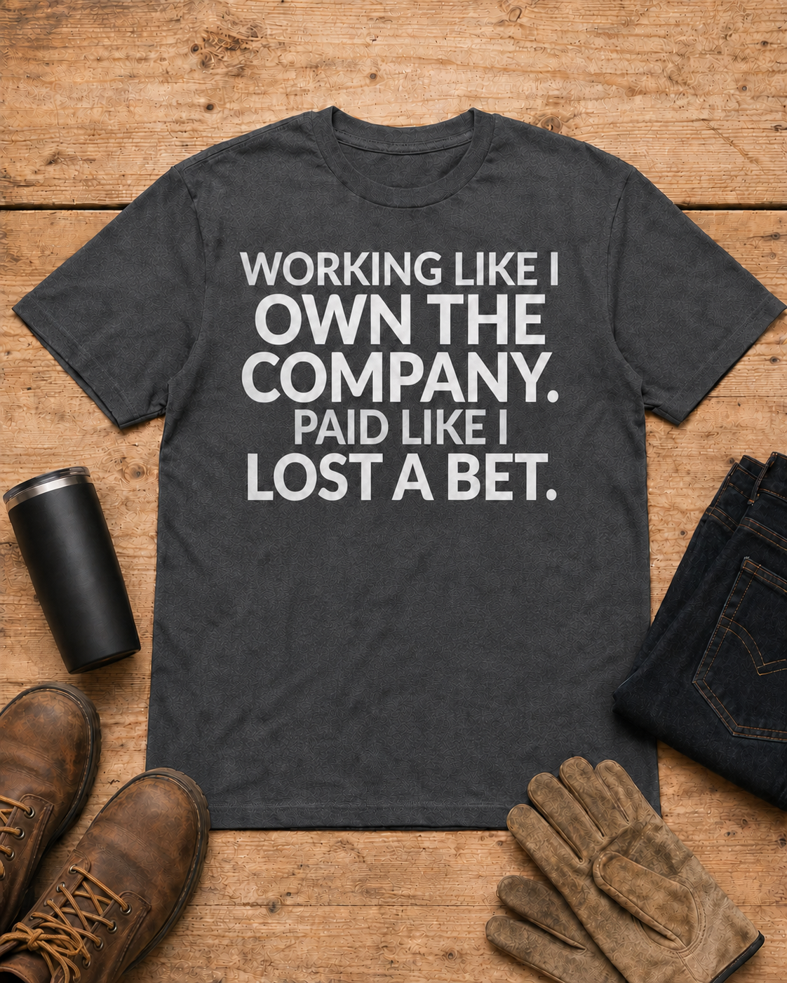Working Like I Own the Company Work Humor Shirt in Dark Heather workbench flat lay