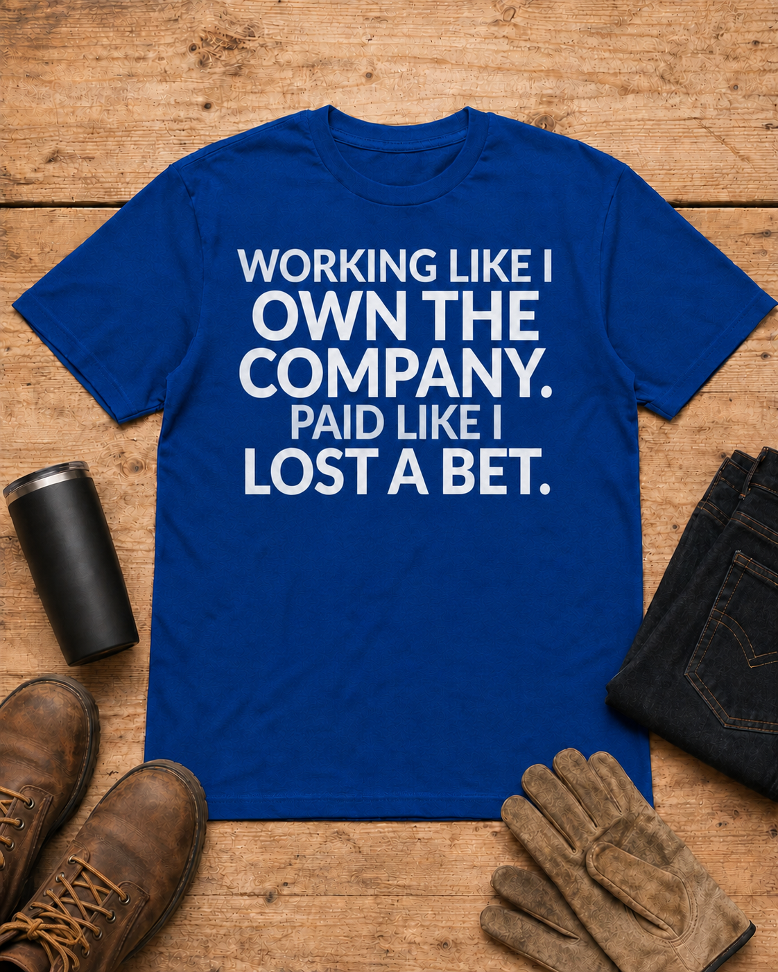 Working Like I Own the Company Work Humor Shirt in Royal Blue workbench flat lay
