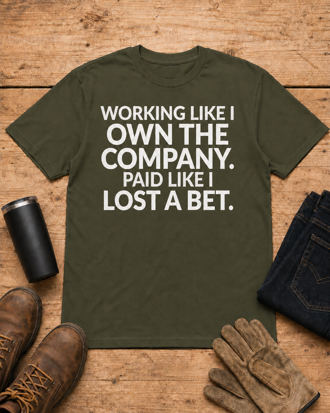 Working Like I Own the Company Work Humor Shirt in Military Green workbench flat lay