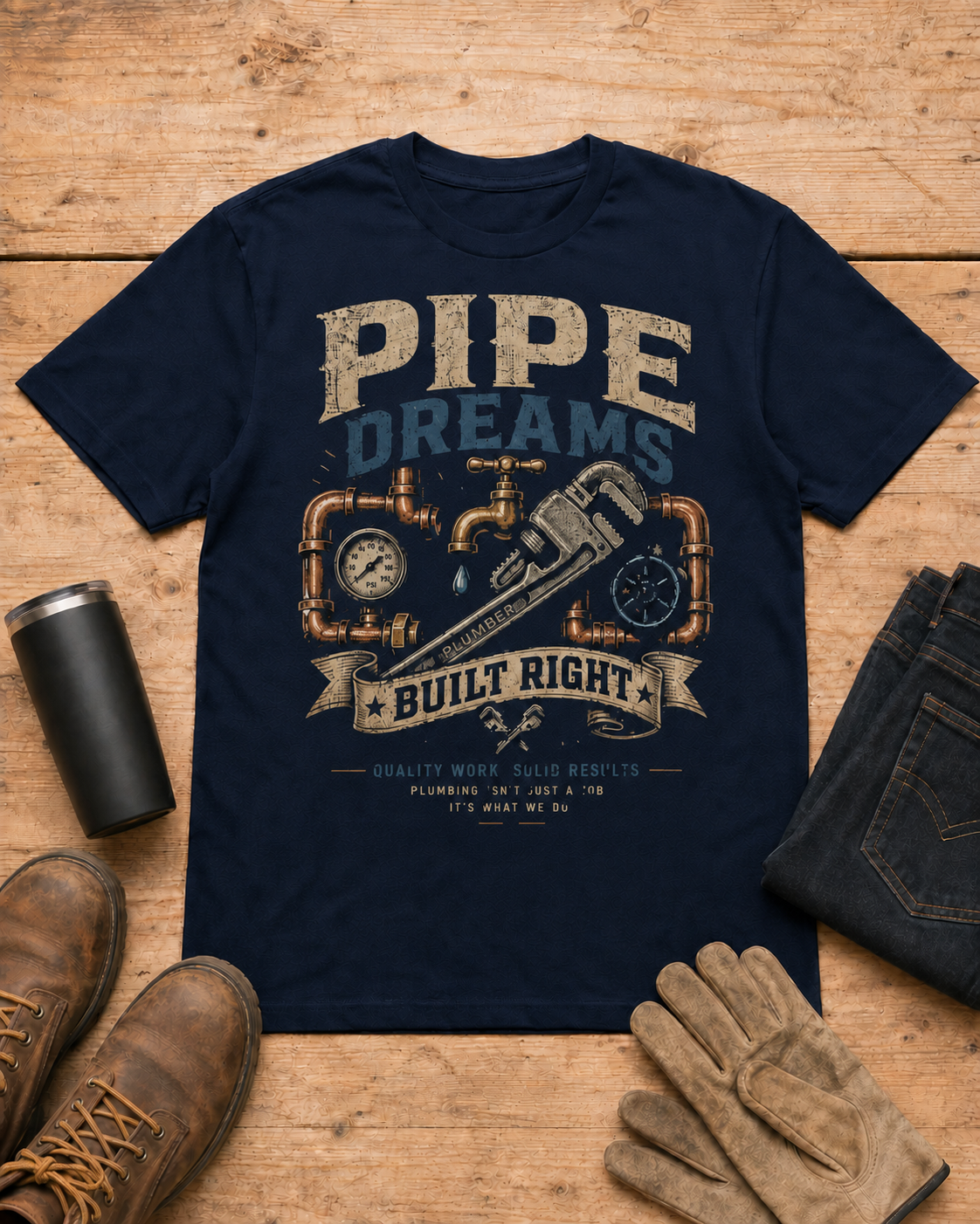 Pipe Dreams Plumber Shirt in Navy workbench flat lay