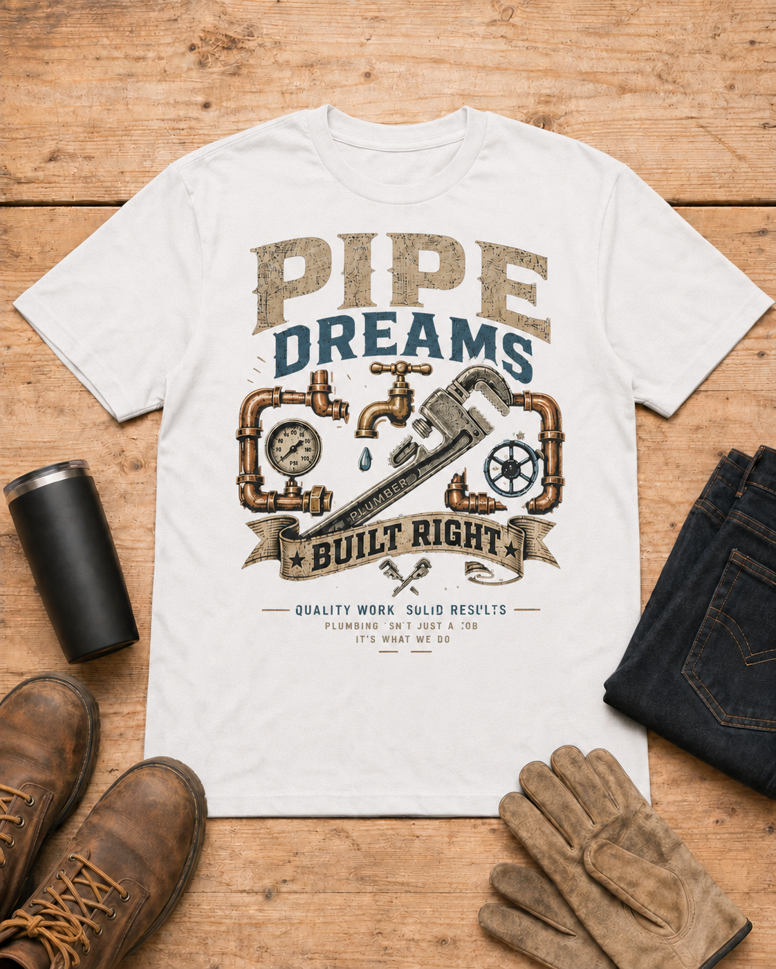 Pipe Dreams Plumber Shirt in White workbench flat lay