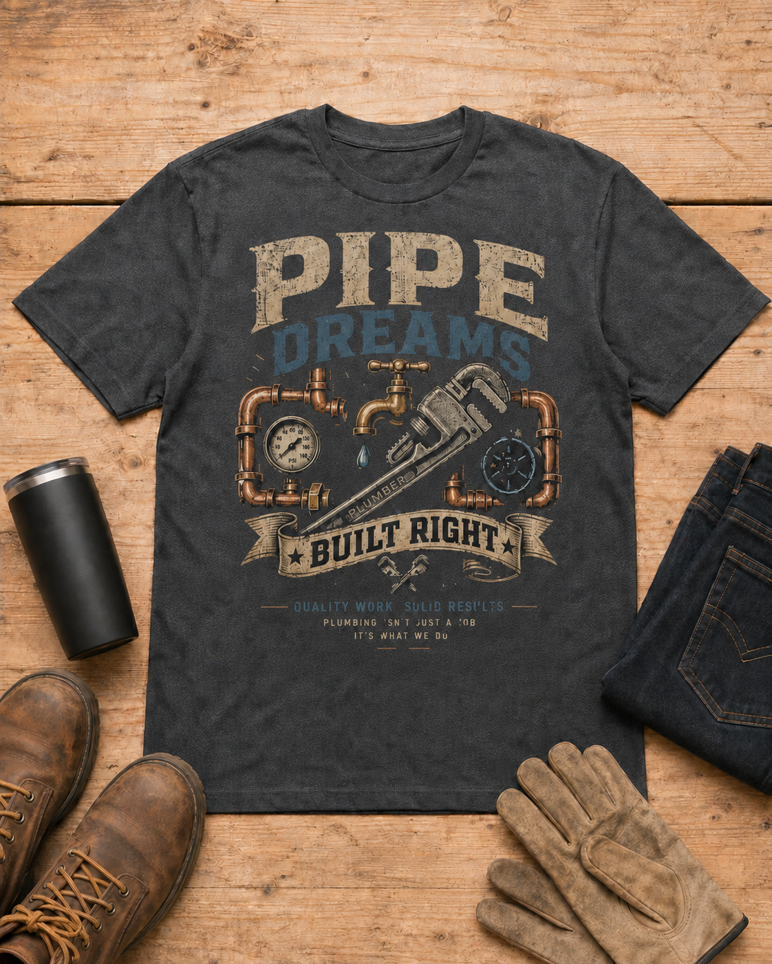 Pipe Dreams Plumber Shirt in Dark Heather workbench flat lay