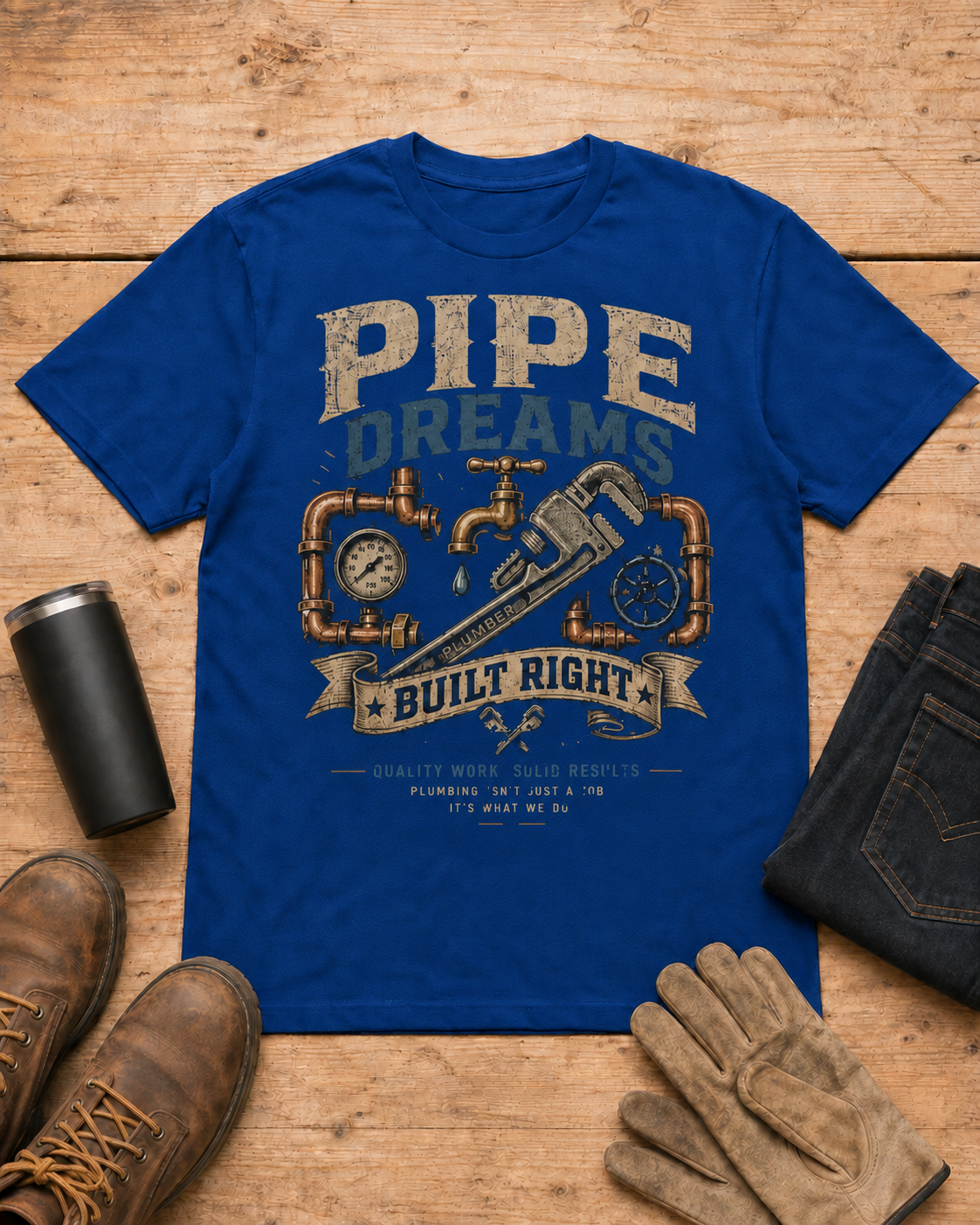 Pipe Dreams Plumber Shirt in Royal Blue workbench flat lay