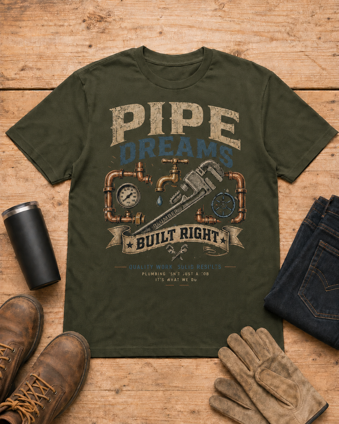 Pipe Dreams Plumber Shirt in Military Green workbench flat lay
