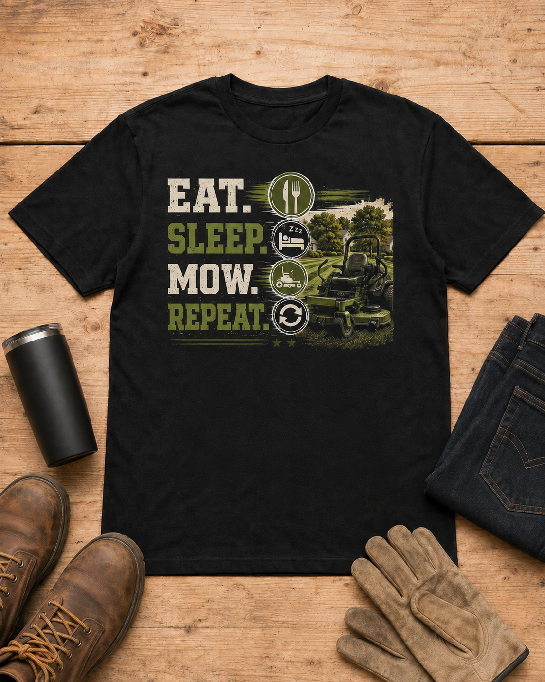 Eat Sleep Mow Repeat Lawn Care Shirt in Black workbench flat lay