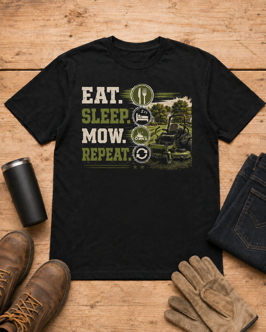 Eat Sleep Mow Repeat Lawn Care Shirt in Black workbench flat lay